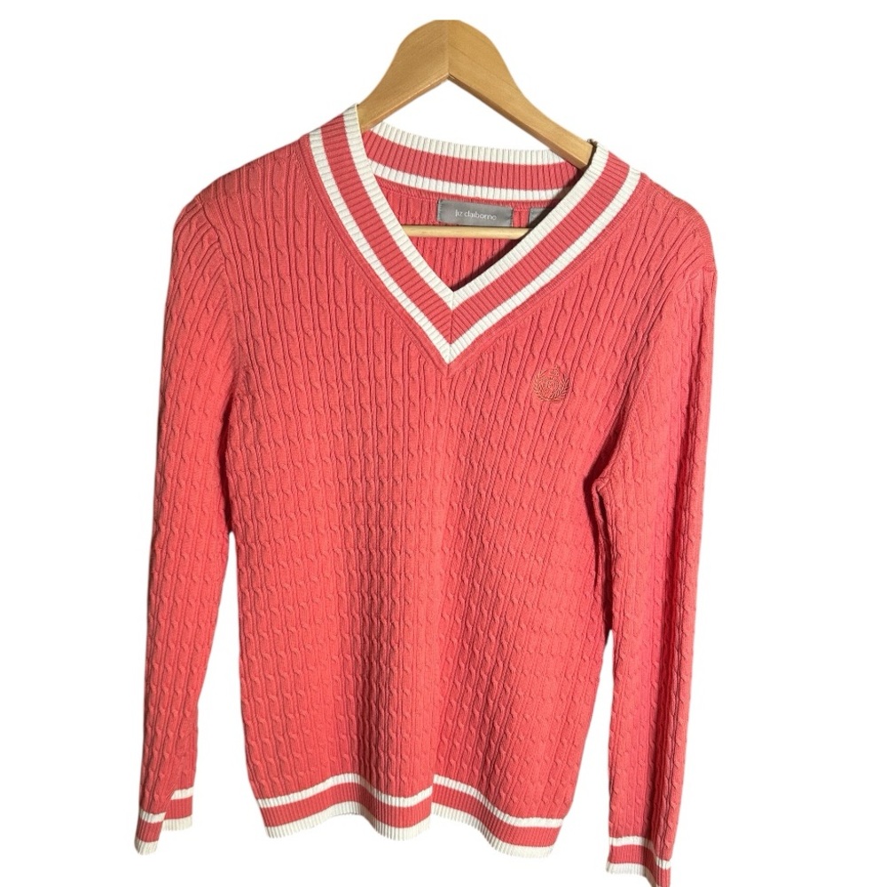 Liz Claiborne Preppy Cable Knit Sweater Women Sz L Coral  Preppy